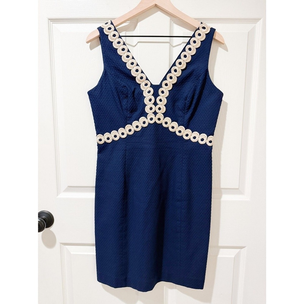 Lilly Pulitzer Esme 100% Cotton Mini Shift Dress Navy Gold Circle Embroidered 8